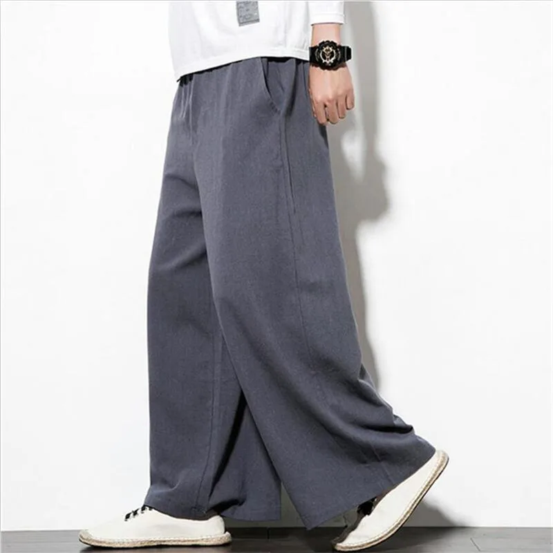 

New Vintage Men Wide Leg Pants Natural Breathable Cotton Linen Pants Solid Straight Long Pants Plus Size M-7XL Black Khaki