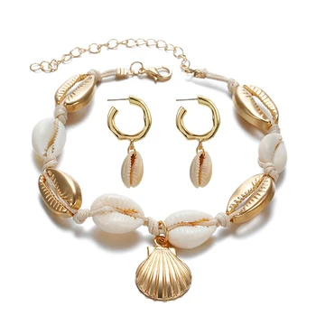 

Hot Fashion Sea Shell Women EArrings+ANklet set Gold Color Trendy Statement Drop Dangle Earrings For Women Beach Jewelry Set