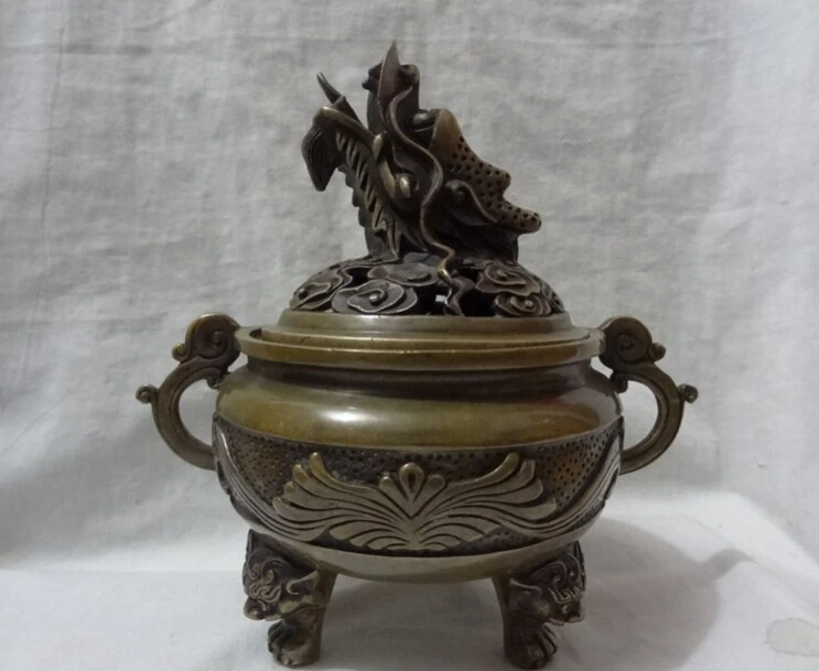

song voge gem S2518 Folk Tibet Bronze FengShui Dragon Lion Head Statue Flower Incense Burner Censer