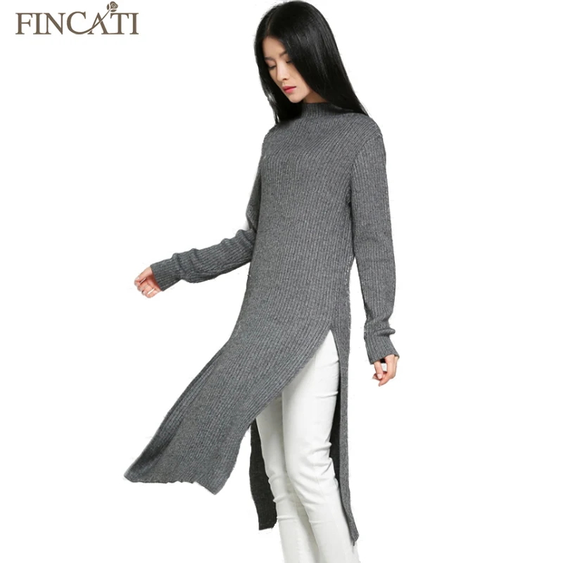 Fincati Women s Autumn Winter Mid Turtleneck Thicken Cashmere Blend Asymmetrical Notched Hem Knitted Pullover Dresses