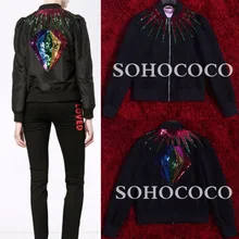 Новое поступление осенняя одежда женская модная бейсбольная куртка с длинными рукавами с аппликацией и блестками, черное пальто со стразами для женщин