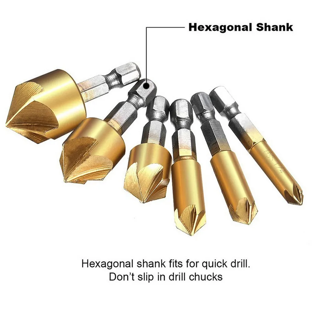 

6pcs 1/4" Hex Shank Countersink Drill Bit Set Super-hard Titanium Plated 5 Flute Countersink 90 Degree DIY Chamfer Wood Cutter