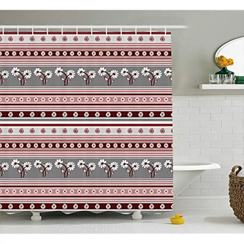 

Vixm Floral Shower Curtain Various Spring Flower Motifs on Striped Background Geometric Illustration Fabric Bath Curtains