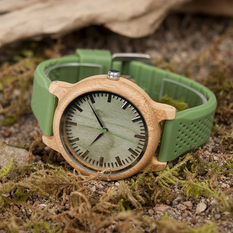 BOBO BIRD Bamboo Wooden Watch Men Quartz Watch with Green Silicone Strap Extra Band Men's Gift with Box relogio masculino W-B06