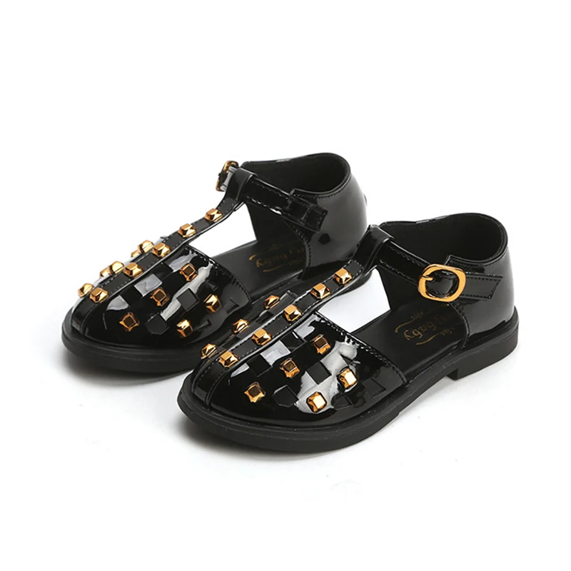 

COZULMA Girls Rivet Close Toe Beach Sandals Kids Patent Leather Summer Shoes Children Hook & Loop Non-slip Sandals Size 26-30