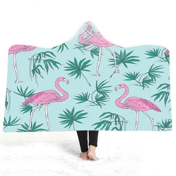 

Pink Flamingo Cartoon Hooded Blankets Palm Leaf Cute Printing Home Office For Adult Kid Gift Wearable Throw Blankets
