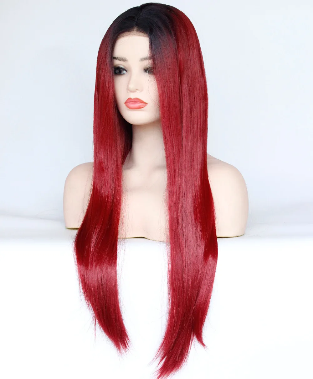 High Temperature Fiber Wine Red Long Straight Black Ombre Burgundy Synthetic Lace Front Wig for Women Glueless Costume Wig-684