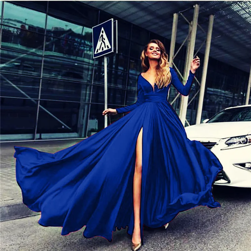 Women's Long Sleeve Sexy V Neck Soild Sling Everying Party Long Dress Casual elegant High Quality dress New Arrival N16#N (13)