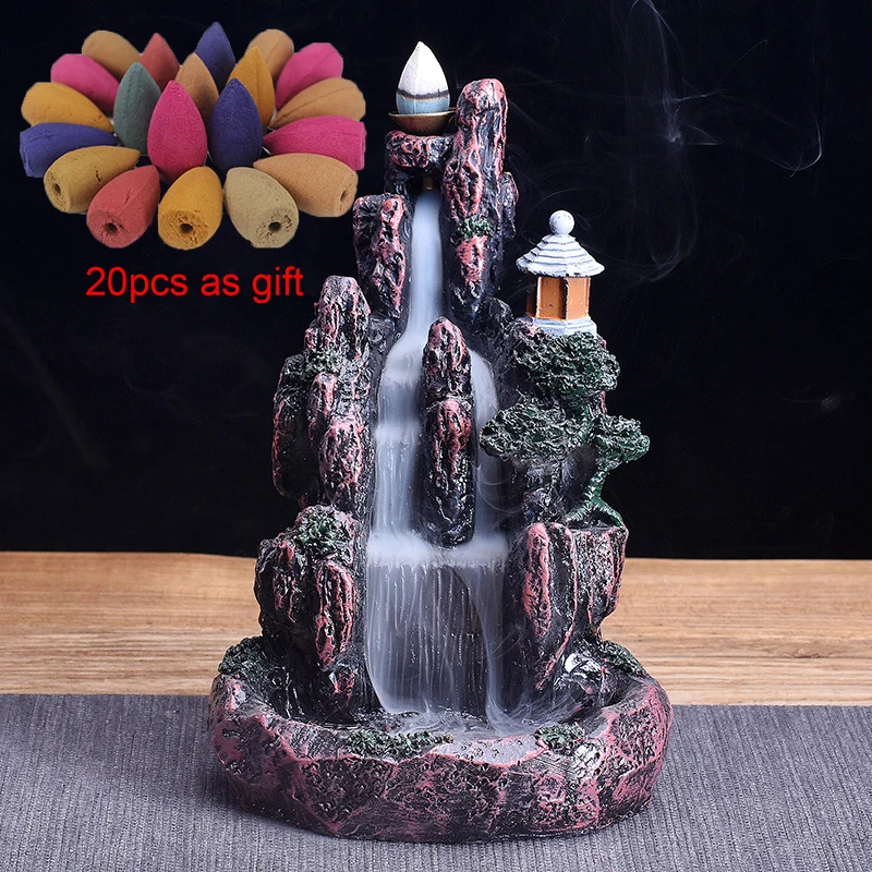 

High Mountain Waterfall Backflow Incense Burner LED Glowing Ball And 20Pcs Incense Cones Home Incense Holder