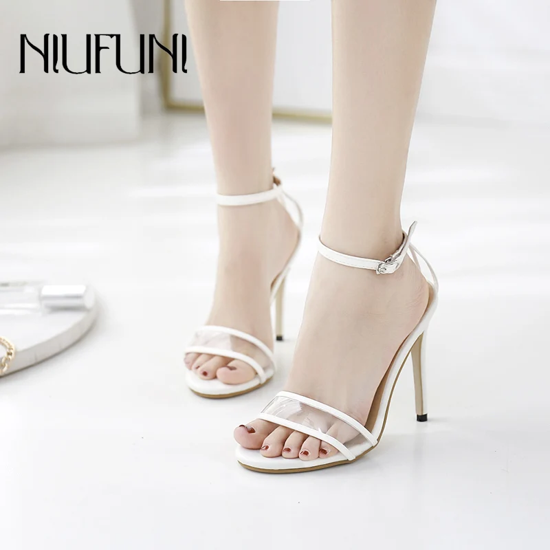 

Fashion PU Transparent Women's Sandals Solid Color 2019 New Stitching Sexy Stiletto High Heels NIUFUNI belt Buckle Women's Shoes