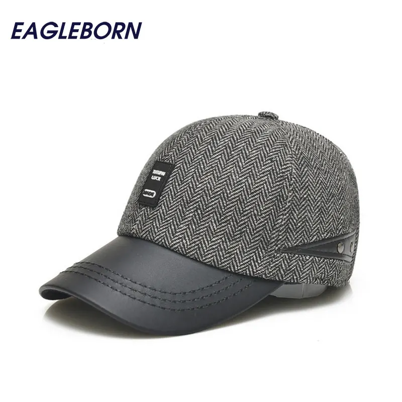 

EAGLEBORN Winter baseball cap snapback men winter Gray Lattice hat patchwork casquette thicken warm hats male PU leather Cap