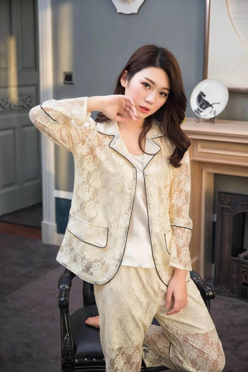 3 Piece Set Womens lace Pajamas Set Pink Nightgowns Femme