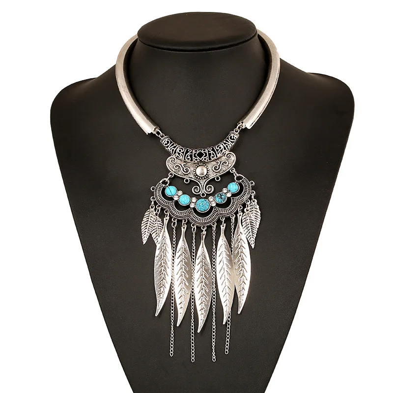 2016 Fashion Bohemian Gypsy Colar Vintage Collier Maxi Statement Necklaces & Pendants Beads Leaf Tassel Choker Necklace Collares
