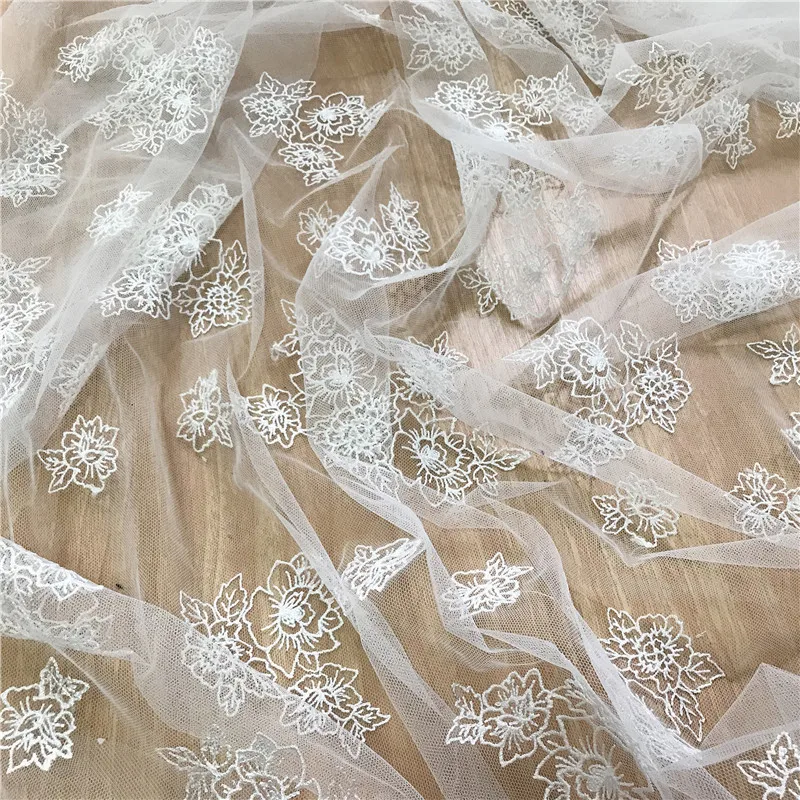 

125CM Off white Light and soft small floral mesh embroidery lace fabric wedding dress bride veil garment skirt shirt fabric