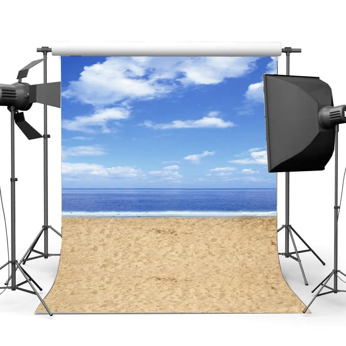 

Seaside Sand Beach Backdrop Waves Blue Sky White Cloud Nature Romantic Summer Holiday Journey Ocean Background