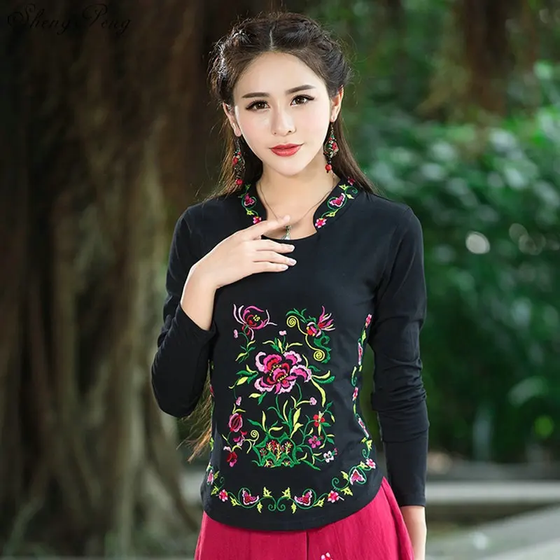 Cheongsam Топ Традиционный китайский костюм для женщин длинный рукав плюс размер 5XL рубашка хлопок винтажная одежда Топ Футболка Блузка V1602