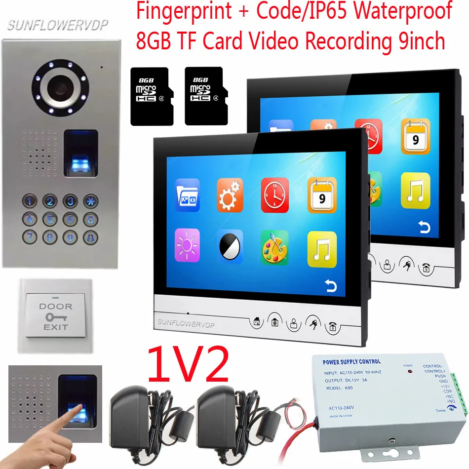 

Fingerprint Code Home Video Door Phone 9" Color 8GB TF Card Monitors IP65 Waterproof Camera Doorbell For The Apartment Of 2 Unit