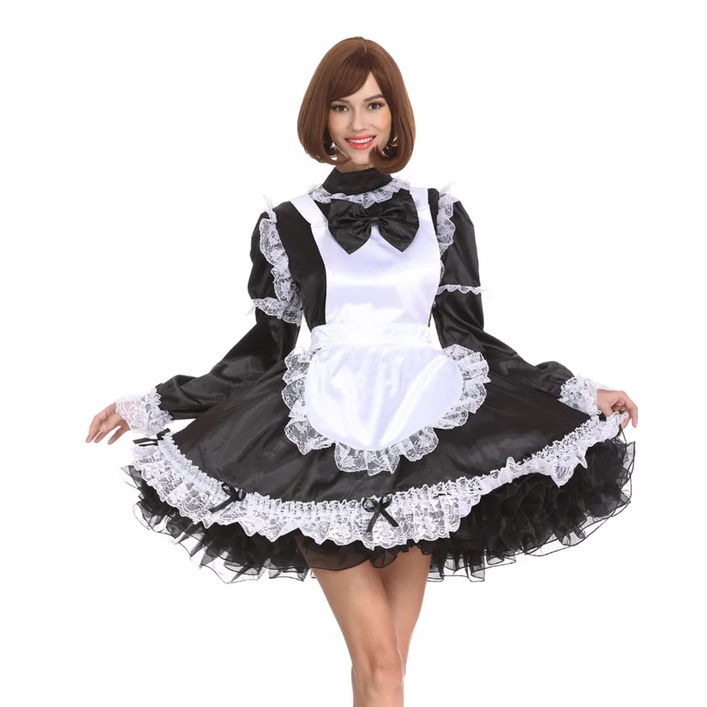 

Sissy Girl Maid High Collar Cute Bow Satin Lockable Black Dress Cosplay Costume Crossdress