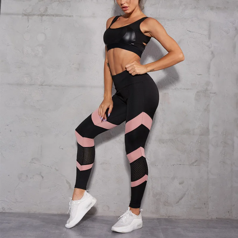 NORMOV Women High Waist Mesh Leggings Patchwork Breathable Slim Fitness Workout Leggings Female Elastic Striped Leggings