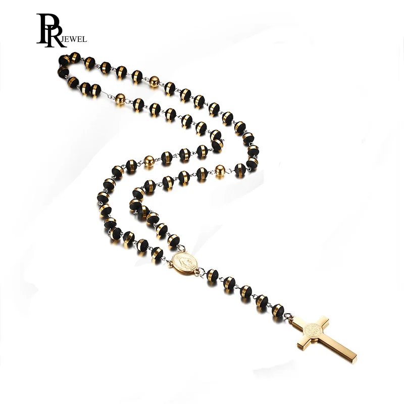

Stainless Steel Saint St St. Benedict Cross Pendants Sweater chain with Wood Beads