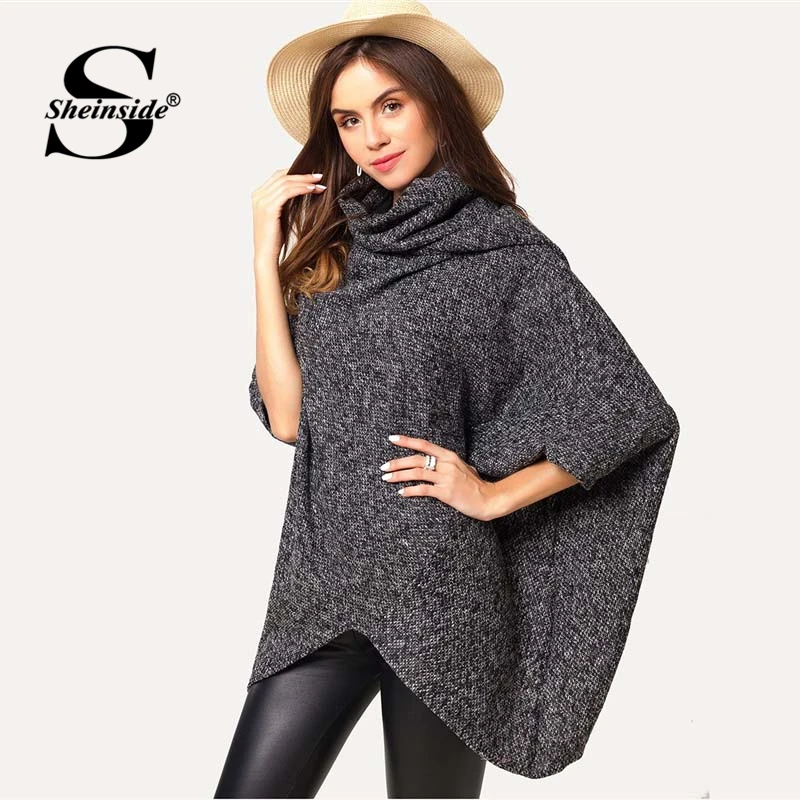 

Sheinside Grey High Neck Poncho Sweater Asymmetrical Edge Three Quarter Length Sleeve Elegant Tops 2018 Women Autumn Sweaters