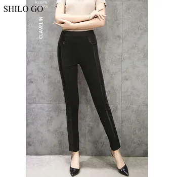 

SHILO GO Leather Pants Womens Autumn Fashion sheepskin genuine Leather Pants elastic waist Leather stitched elastic cotton pants
