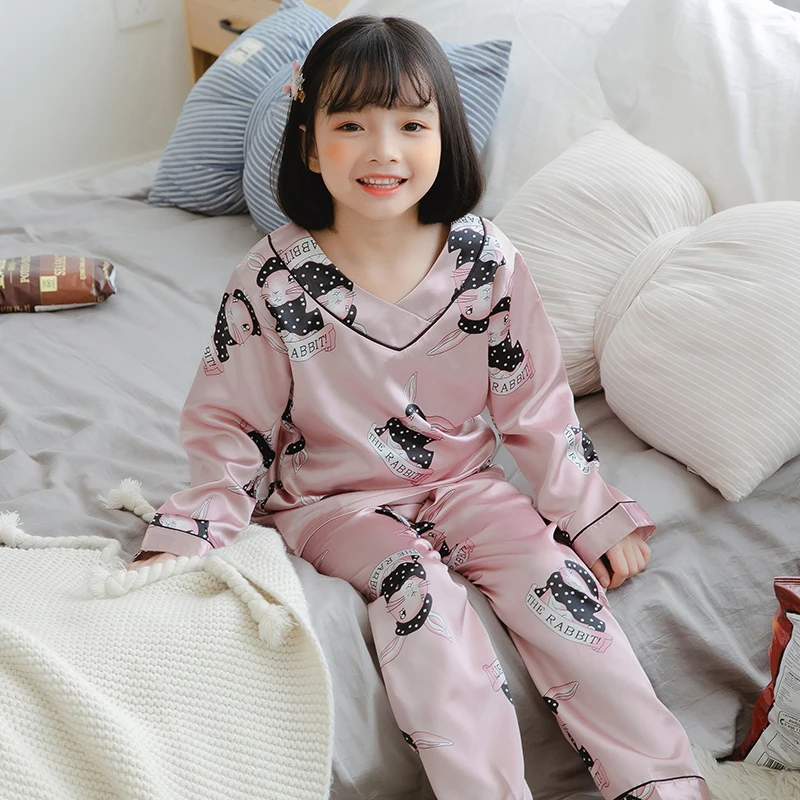Летняя тонкая Пижама для девочек детский Шелковый костюм домашняя одежда с длинными рукавами одежда для сна для девочек детская одежда с v-образным вырезом