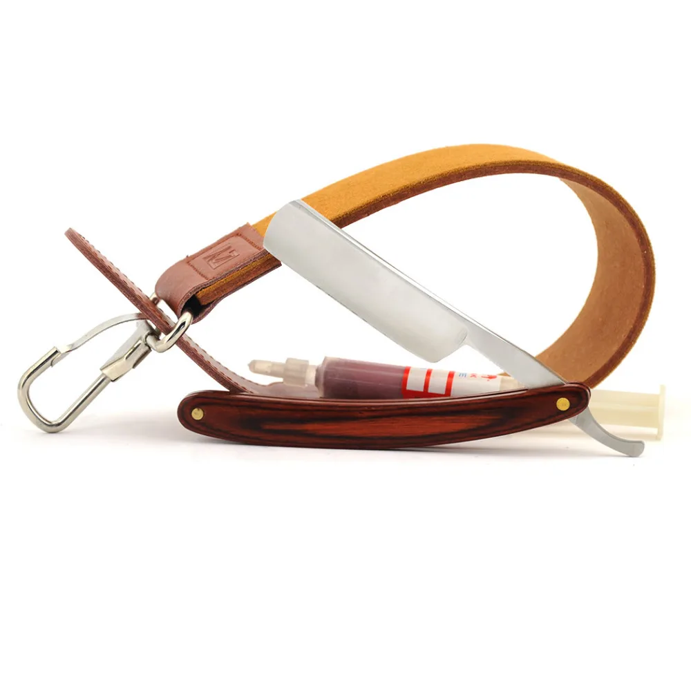 Men's Razor Barber Kit Wooden Folding Straight Razor Leather Shaving