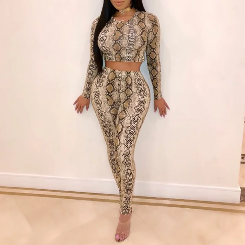 

2 piece set women snake print long sleeve crop top and long pants two piece set Fashion streetwear two piece set top and pants