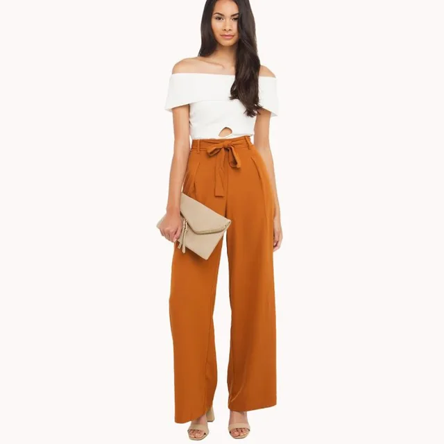 Orange high waisted formal palazzo pants women bow tie ...