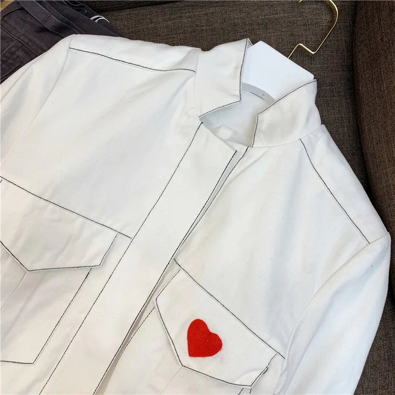 

2019 Spring Summer Embroidery Love White Colliding Cowboy Mandarin Collar Single Breasted Pockets Women Coats and Jackets