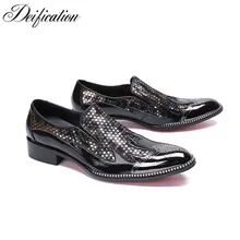 Deification Mens Italian Leather Shoes Chic Sequin Studded Loafers Slip on Prom Shoes Men Casual Shoes Luxury Brand Office Flats deification luxury mens shoes casual 2018 moccasins slip on loafers men fashion italian embroidered men s flats male boat shoes