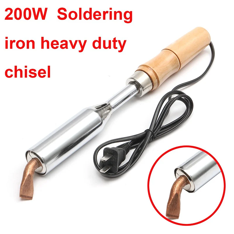 220V AC 200W Electric Soldering Iron Wood Handle Heavy Duty Chisel Tip