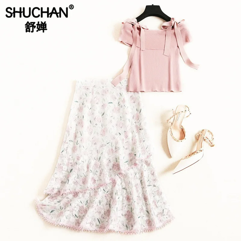 

Shuchan Summer Suit Female Slash Neck Short Tops+skirts 2 Piece Set Women Female Costume Women Clothes 2019 new fashion 11912