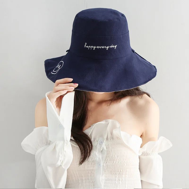 

Happy Every Day Letters Embroidered Panaman Hat Double Sided Plain Fisherman Hats Caps Smile Pattern Sunscreen Bucket Hat YY152