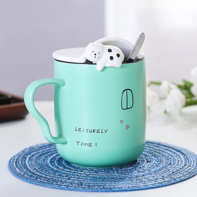 Новая 3D керамическая кружка с крышкой и ложкой, фарфоровая чашка в форме милых животных, чашки для завтрака чашка для молока, чая креативный подарок - Цвет: 02