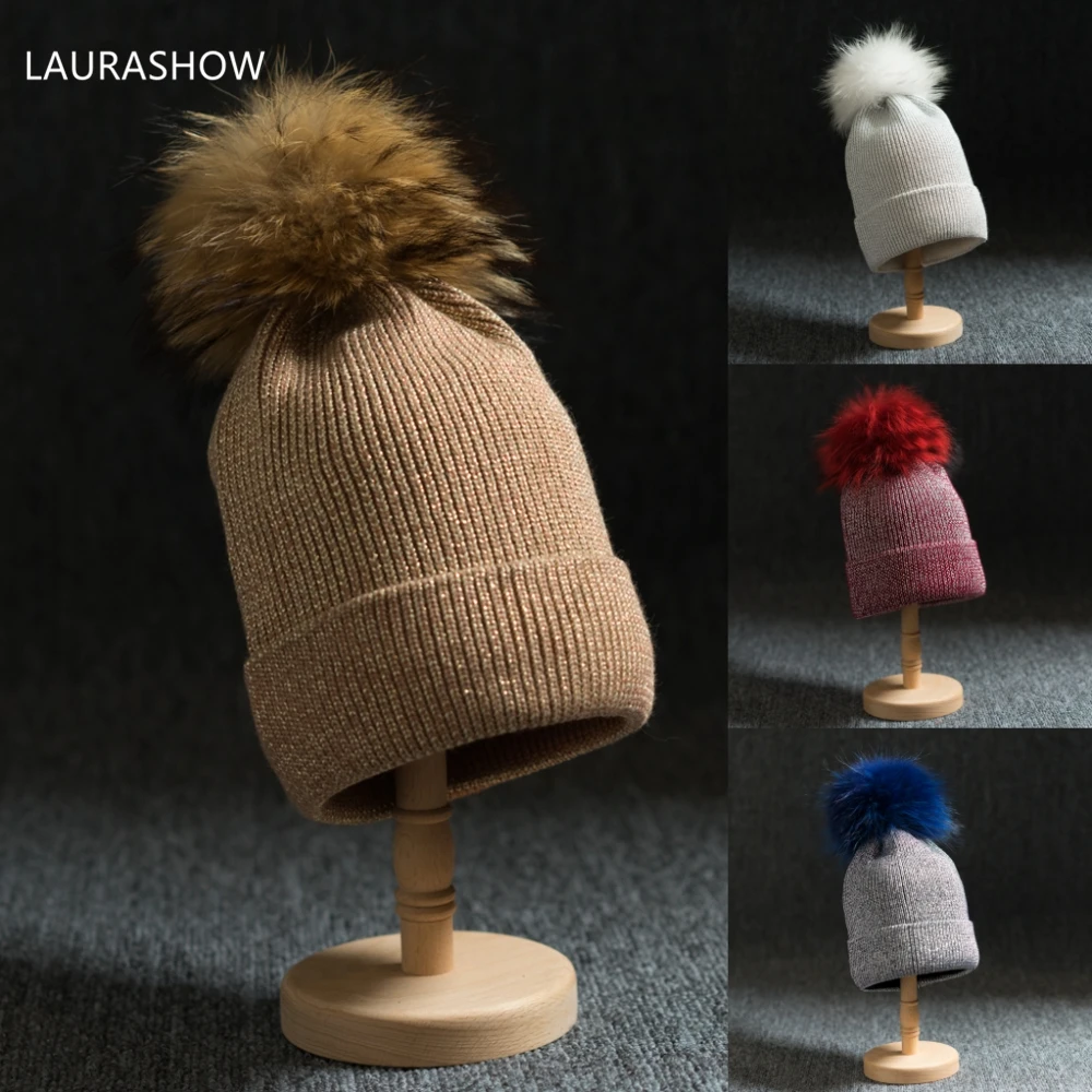 

LAURASHOW Real Unisex Women Men Raccoon Fur Ball Winter Hat Knitted Pom Pom Cap Girl Beanie Hat