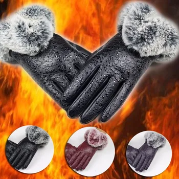 

2018 Autumn Winter Warm Fur Mittens Gloves For Women Lady Black Red PU Leather Full Finger Gloves Girls Elegant Guantes