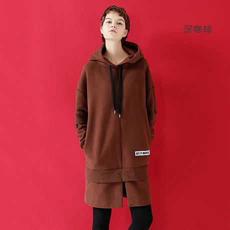 Toyouth новая Корейская версия свободные плюс бархат толстовка Для женщин длинные флис с капюшоном платье выше колен студент теплый свитер - Цвет: Brown