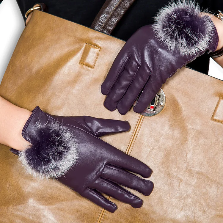 Women's Warm Leather Gloves Rabbit Fur Thickening Velvet Waterproof