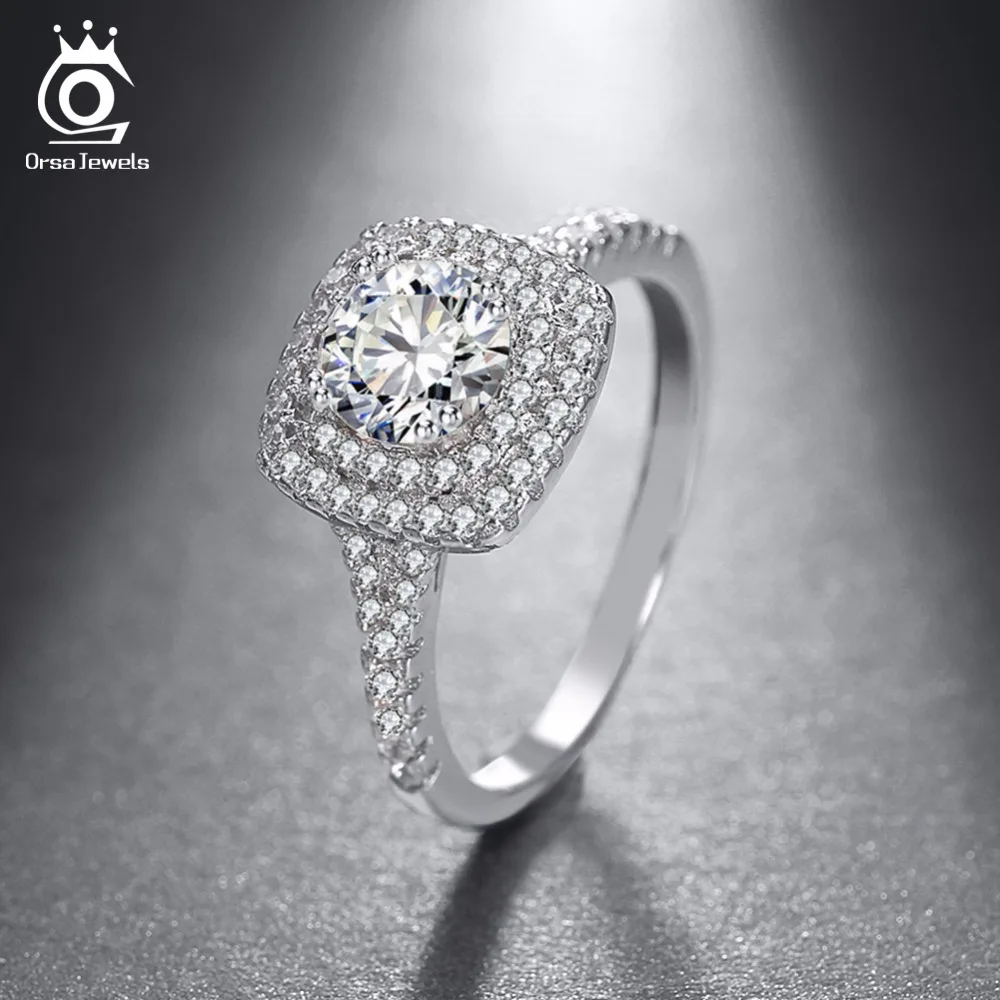 ORSA JEWELS Silver Color 0.85ct CZ Wedding Ring with Micro Paved 66pcs Austrian Cubic Zirconia Ring for Women Anniversary OR95