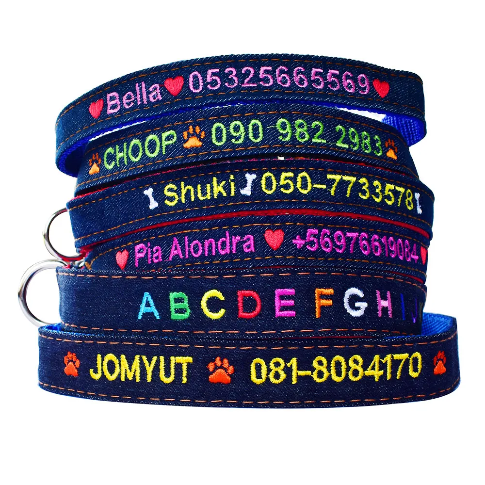 SALE Custom Embroidered Tough jeans Dog Collar,Personalized Dog Tag