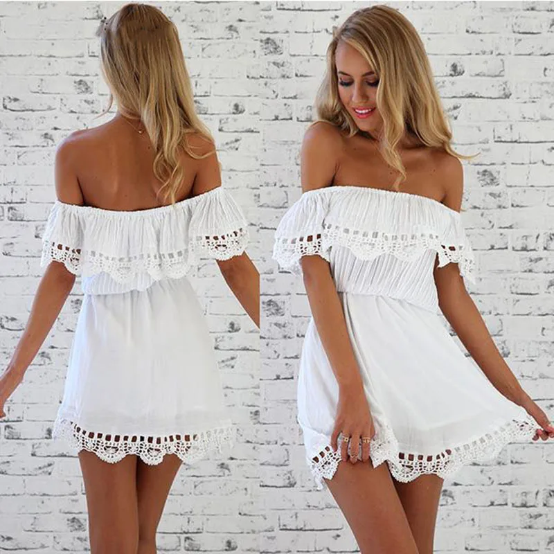 

2019 Summer Women Sexy Off Shoulder Strapless Slim Dresses Casual Beach Vestidos Fashion Beach Style Lace Patchwork Dress