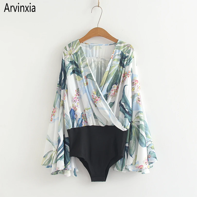 Arvinxia Sexy Hot Sales Ruffles Deep V Neck Woman Bodysuits Chic Flare Sleeves Women Rompers Fashion Floral Print Lady Jumpsuits | Женская