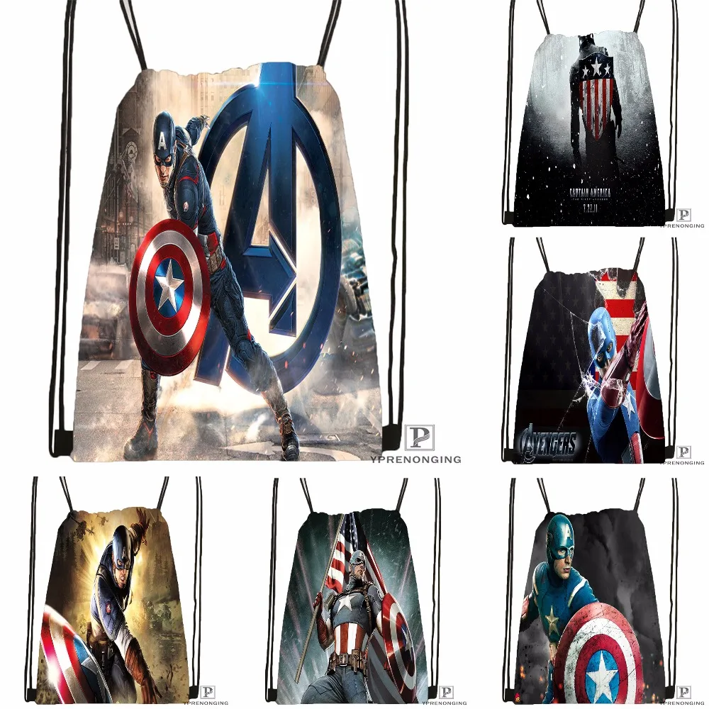 Custom Captain America Avenger Drawstring Backpack Bag for Man Woman Cute Daypack Kids Satchel Black Back
