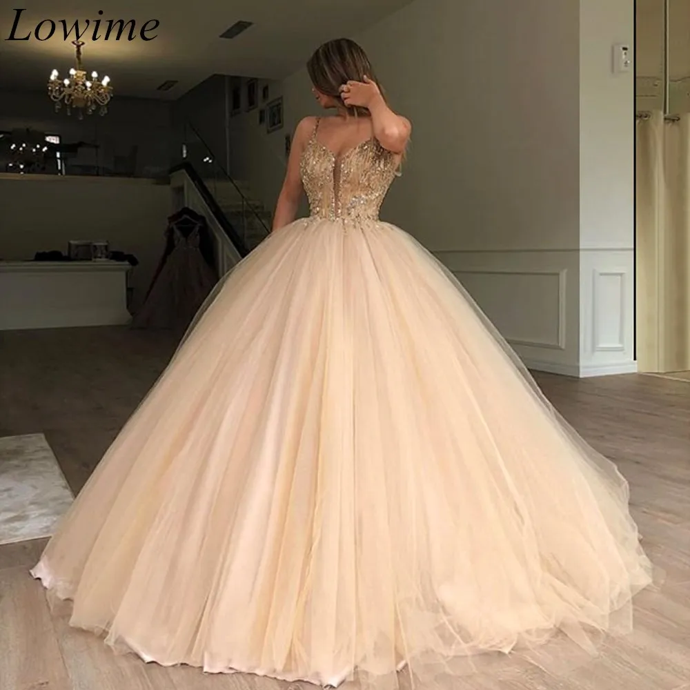 Champagne Princess Quinceanera Dresses For Sweet 15 Ball Gown Spaghetti Crystals Sequin Girls Birthday Party Dress Gowns