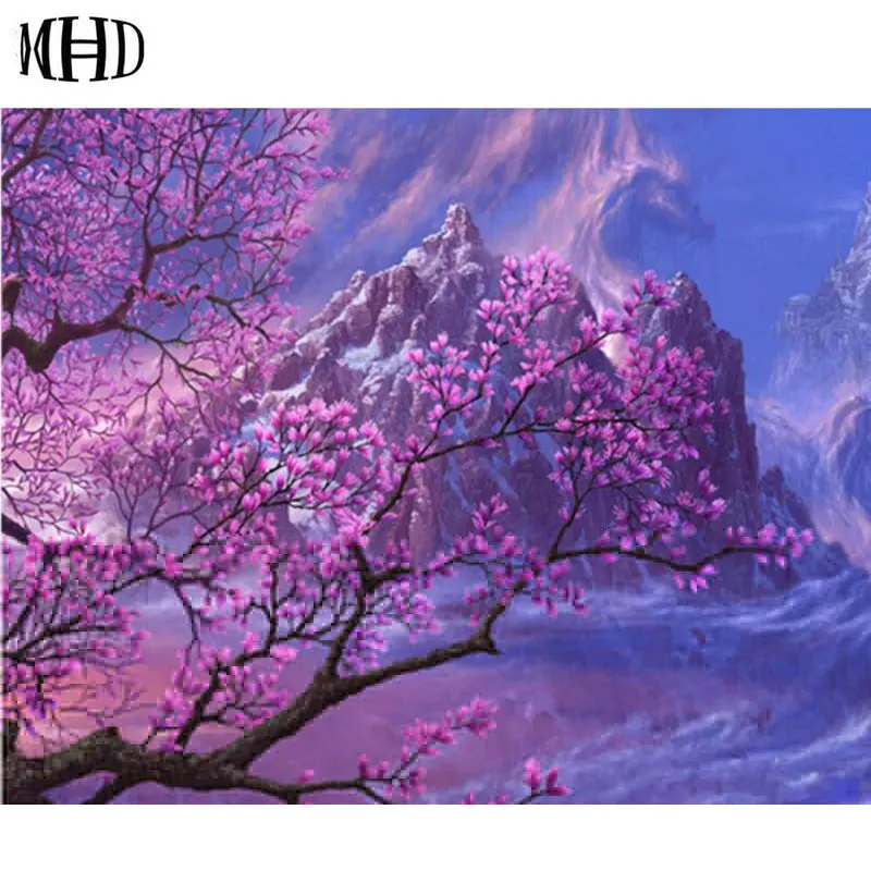 

Needlework diy Diamond Embroidery Sakura Flower 3D Full Round Diamond Painting Mountain tree Crystal Diamond Cross Stitch