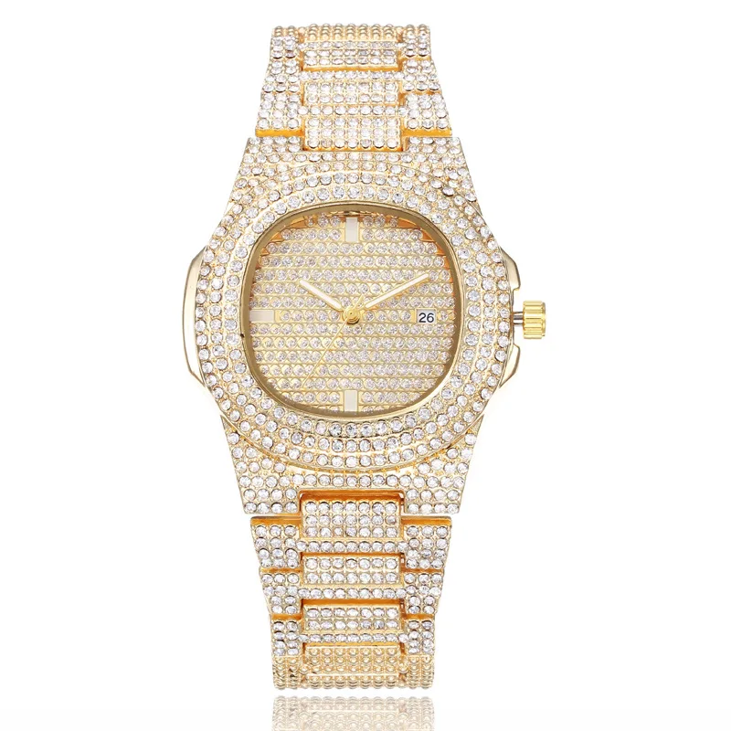

Iced Out Watch Gold HIP HOP Wrist Watches With Micropave CZ Stainless Steel Wristband Clock Hours drop shipping
