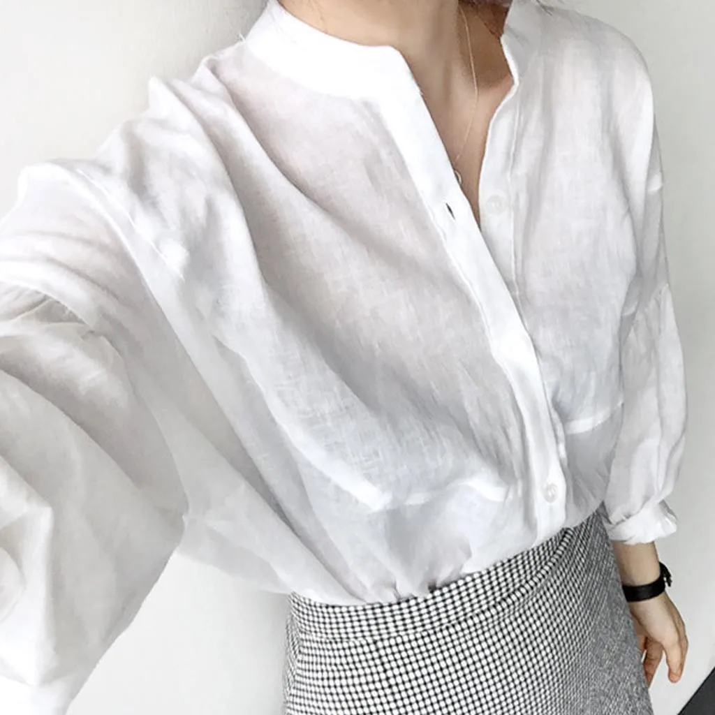 Women Blouse 2019 Women's Wear Simple Long Sleeve Cotton And Linen Pure Color Shirt