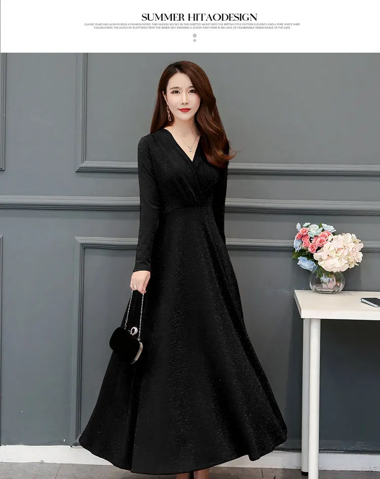 Осеннее Новое поступление размера плюс M-4XL элегантное женское шифоновое длинное платье с v-образным вырезом и длинным рукавом